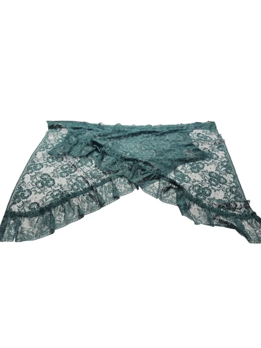 Vintage Green Lace Floral Curtains Angled Valance Panels Rod/Pole Pocket 2 Set